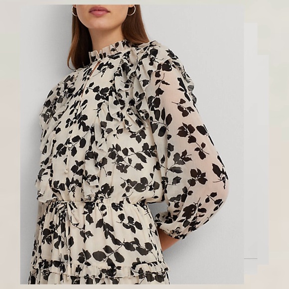 Lauren Ralph Lauren Leaf-Print Ruffle-Trim Georgette Dress - Picture 5 of 9